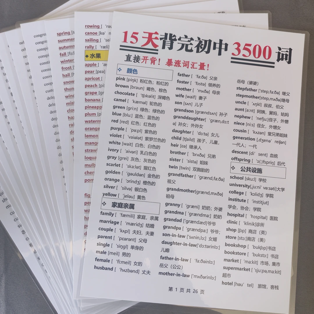初中英语必背3500个词完整版338核心短语A4塑封反复背诵单词表