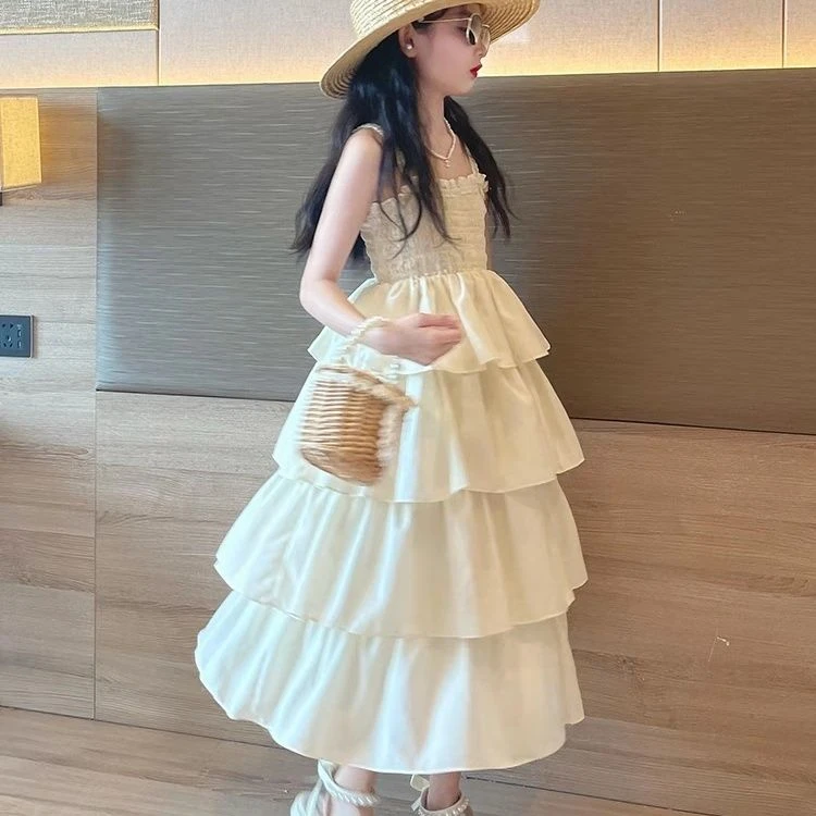 修身裙子2025新款夏季女童蛋糕网红夏装纯色洋气吊带连衣裙