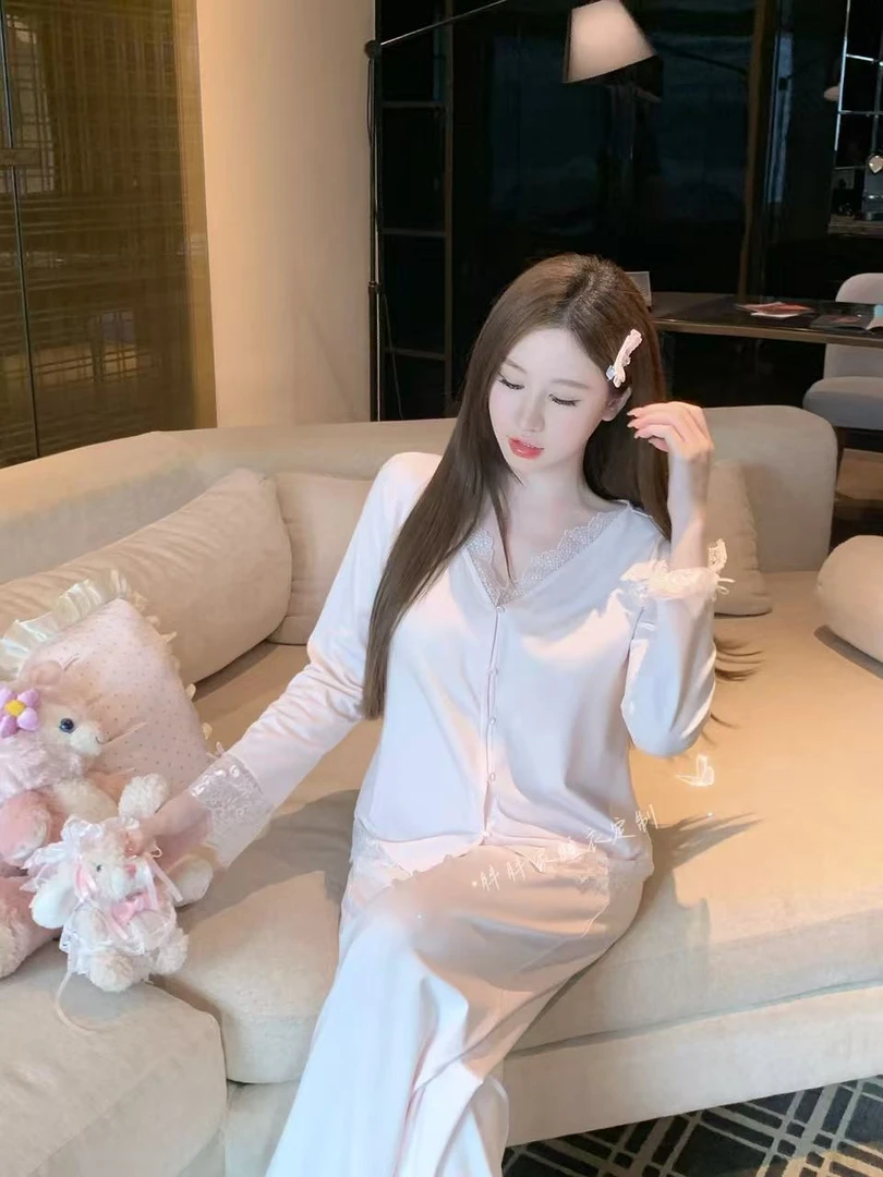 【慵懒巴黎】睡衣女春秋季纯欲可外穿带胸垫长袖小清新家居服套装