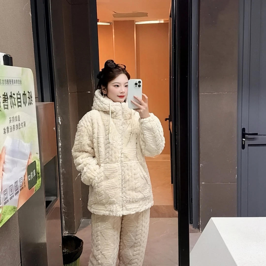 加加厚可外穿家居服2025新款冬季加绒连帽睡衣套装韩版简约时尚