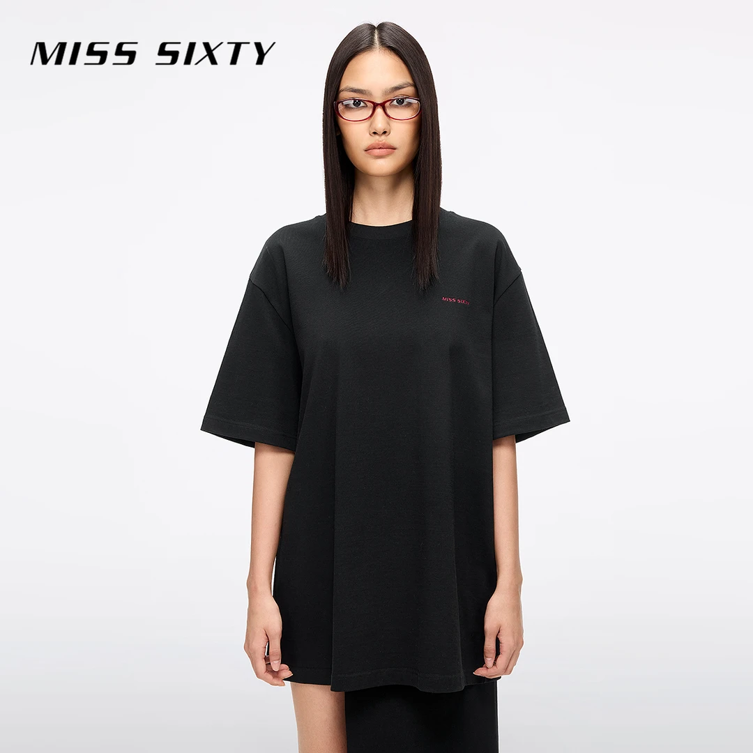 Miss Sixty2025夏季新款短袖T恤女圆领宽松长款上衣钉珠樱桃唇印