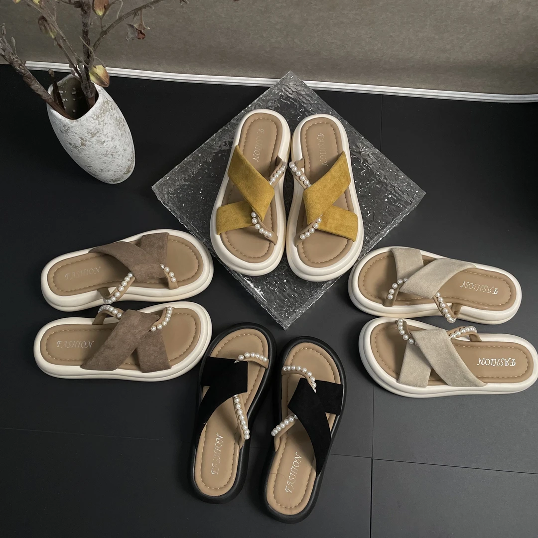 2025新款珍珠柔软带外穿气质款时尚沙滩外穿厚底舒适凉鞋拖鞋5CM