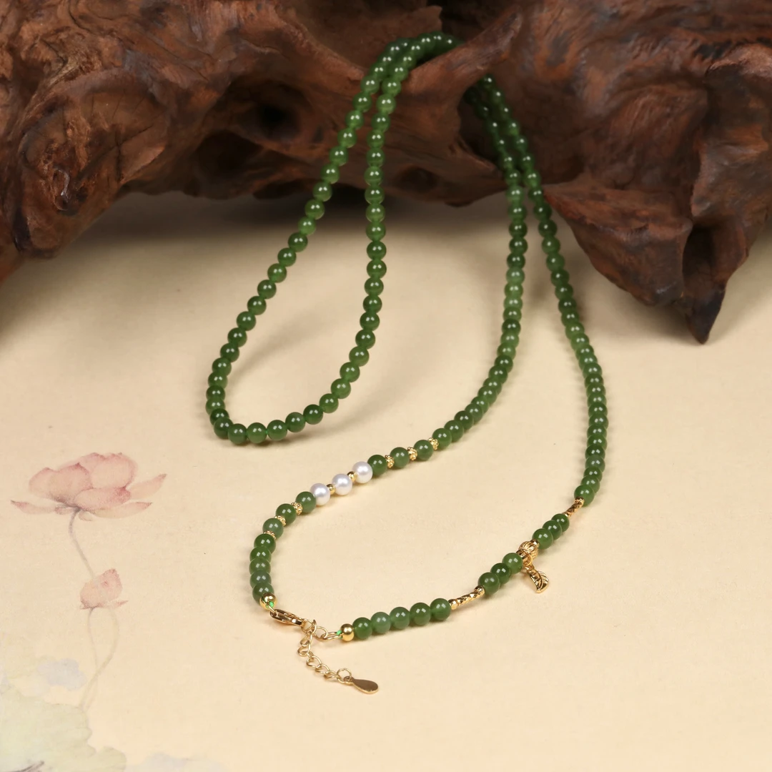 正宗天然上等和田玉碧玉正阳绿项链长65cm4mm锁骨链碧玉ZE0001