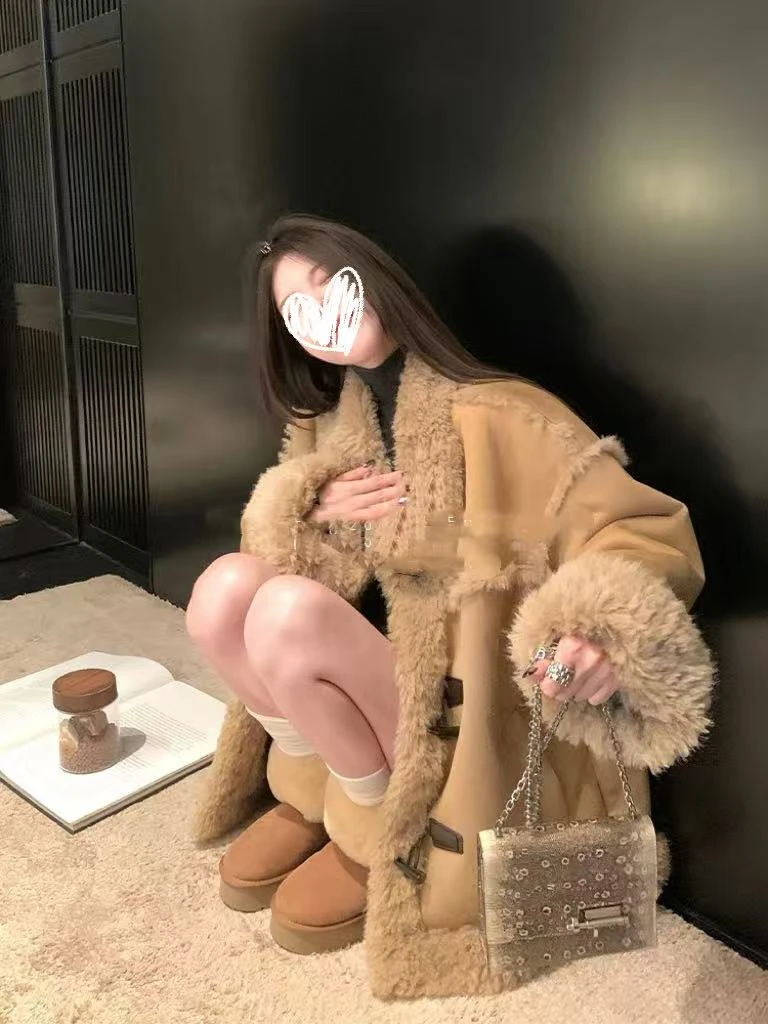 单排扣加厚通勤女中长款短外套大衣冬季女装毛绒