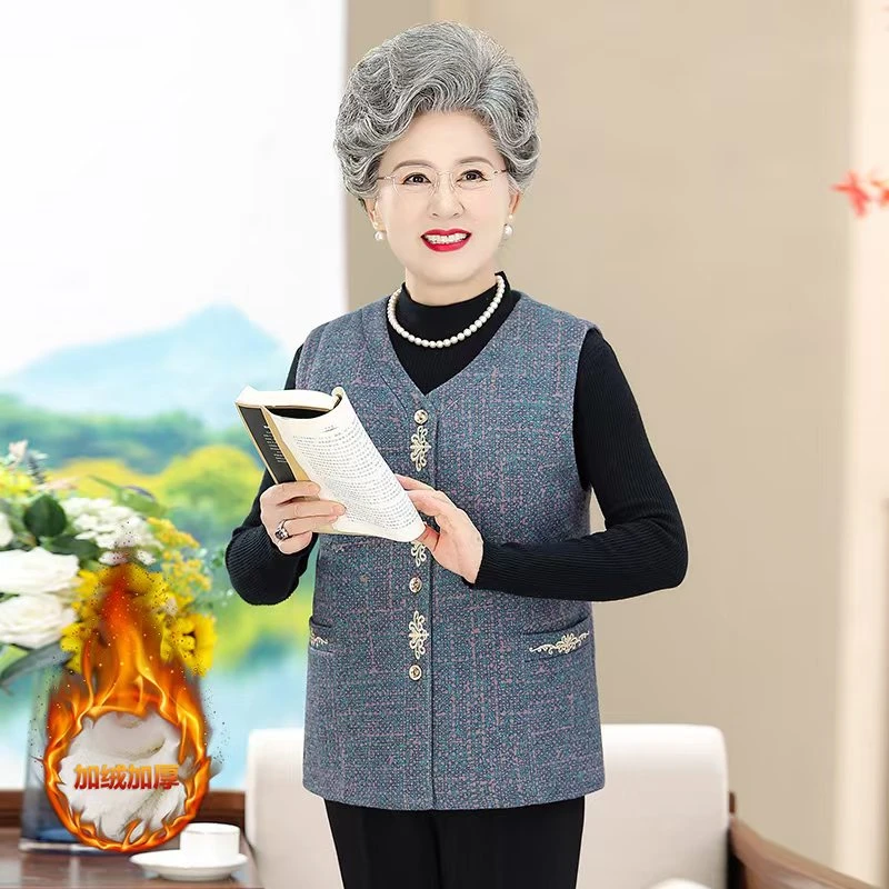 7858-奶奶装春秋新款加绒马甲马夹中老年大码妈妈装秋冬（正）