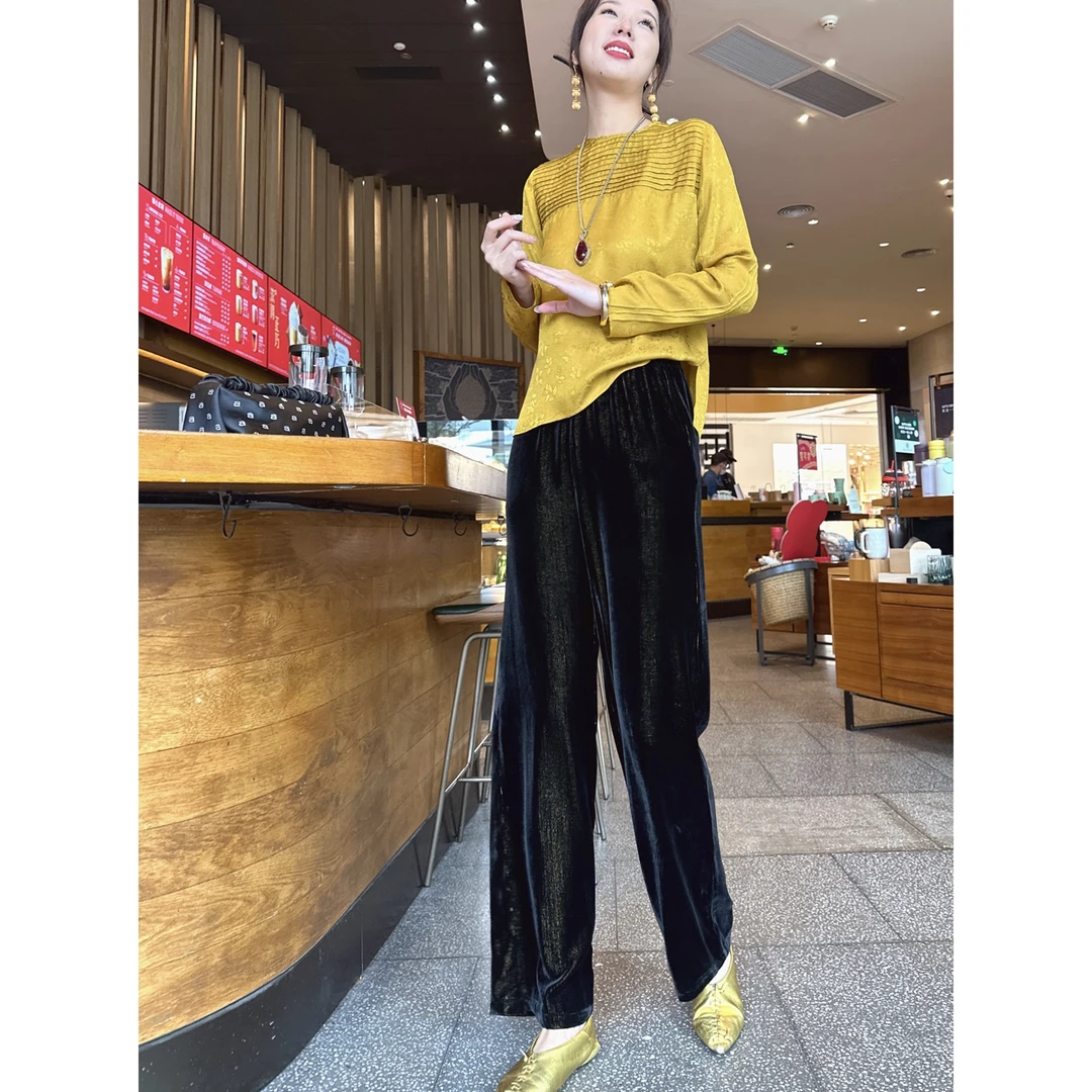 【老罗家】原创丝绒休闲裤女桑蚕丝绒金线显瘦长裤宽松百搭直筒裤