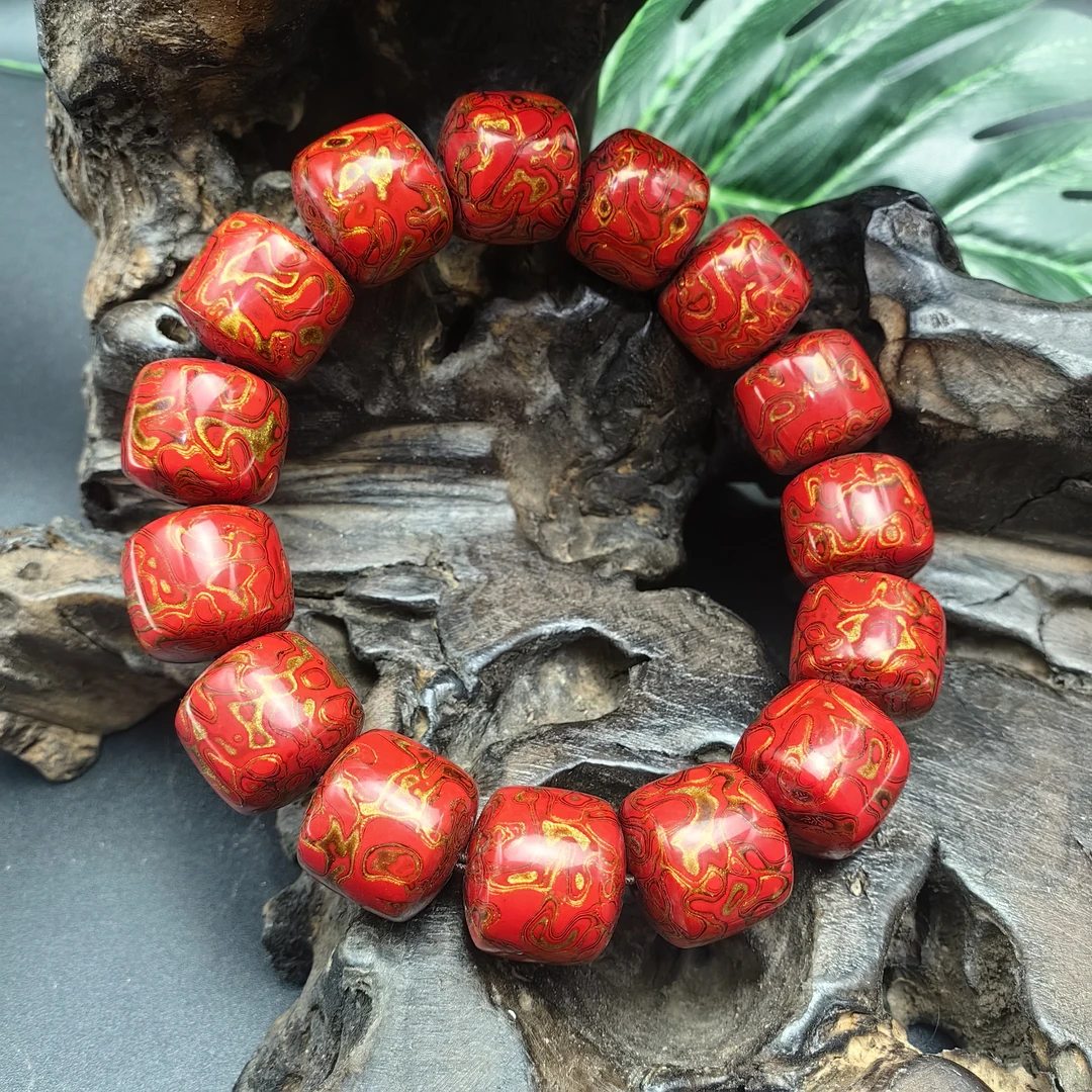 漆韵大漆珠14*15犀皮红金直切老型手串