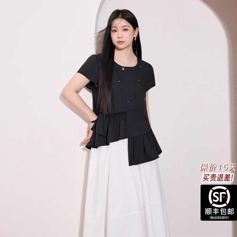 蓝语大码女装法式钉珠荷叶边上衣2025不规则显瘦遮肉圆领衫12320