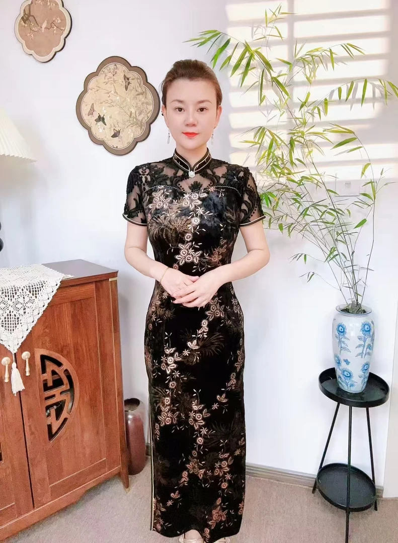 【凤凰展翅】网纱提花气质时尚修身高端丝绒烫金短袖旗袍