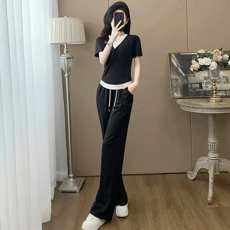 时尚百搭运动服套装女2025年夏季新款减龄短袖t恤阔腿裤两件套
