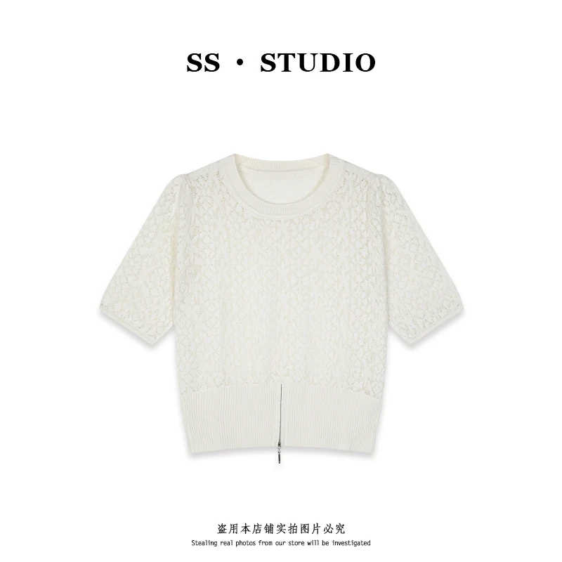 【SUSU】早秋新款气质镂空提花设计感休闲百搭圆领针织衫SS-5672