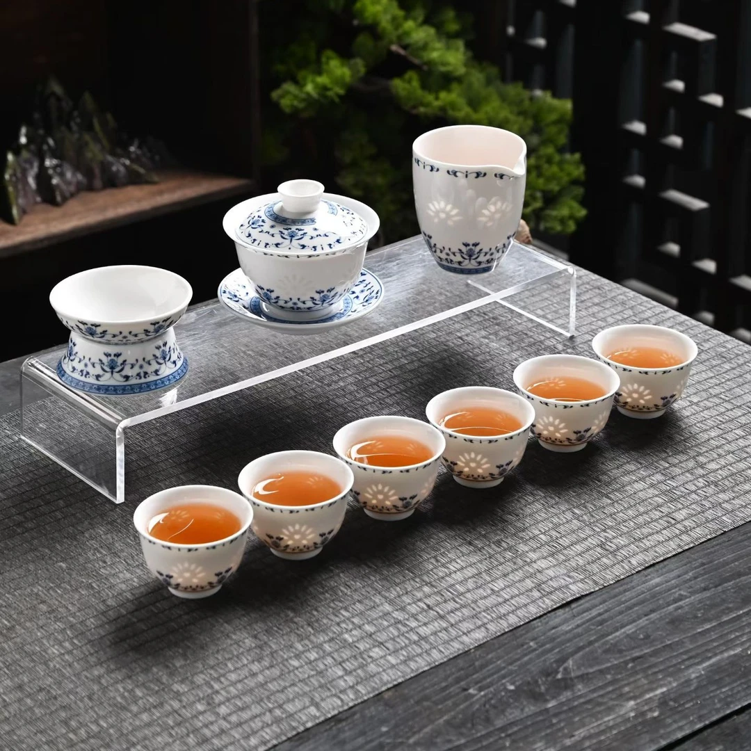 青花玲珑茶具装高档礼盒手工玲珑杯茶盖碗瓷盖碗中式白瓷陶瓷手绘