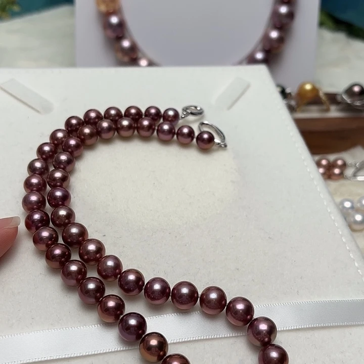 淡水珍珠银S925镶嵌颈饰8-10正圆拉菲酒红