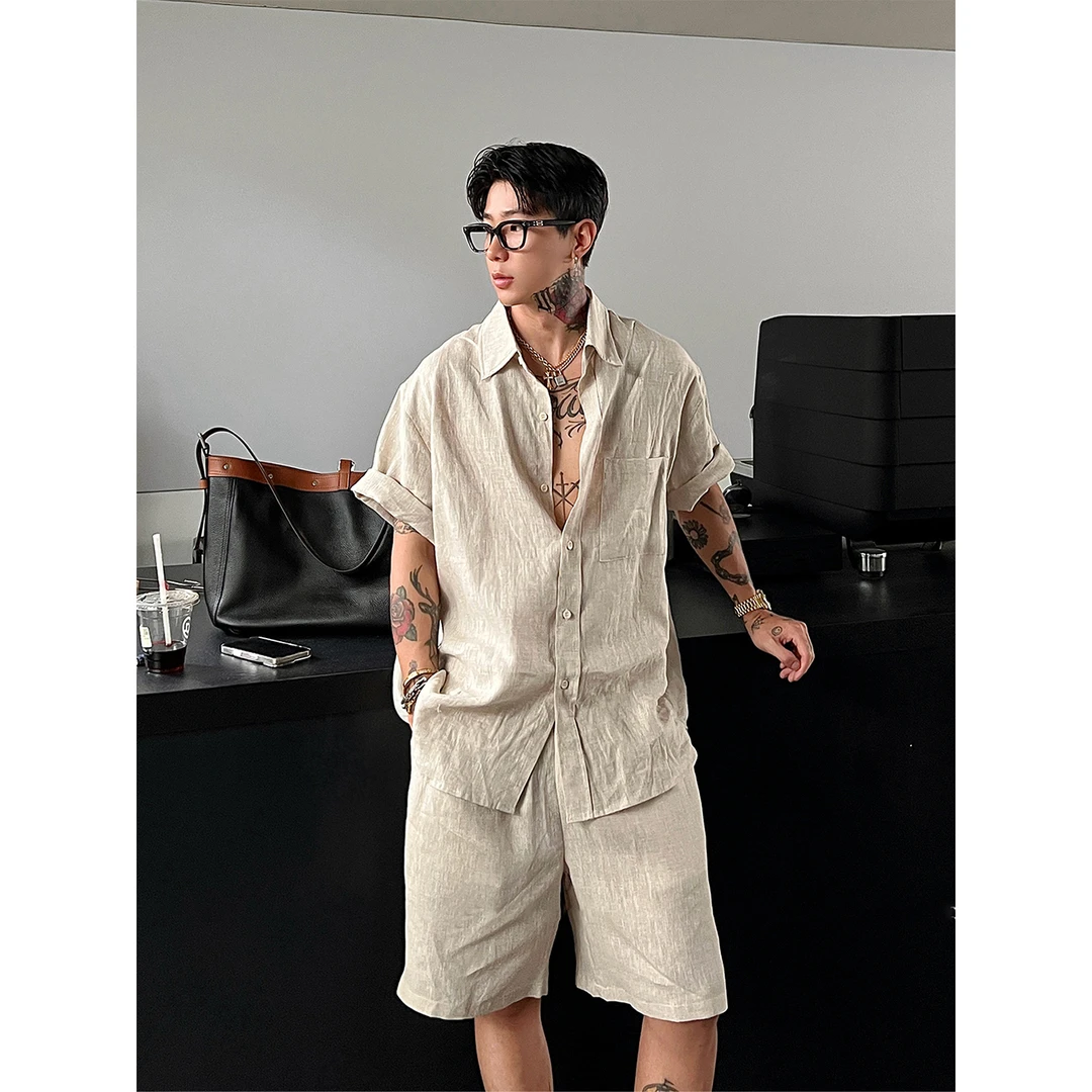 300斤大码胖先生老钱风亚麻套装男夏季松弛感短袖衬衫短裤一整套2