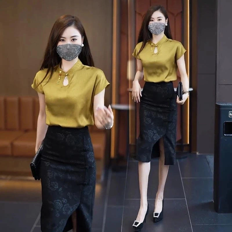 新中式国风气质套装女夏季新款高级感冰丝衬衫+半身裙时尚两件套