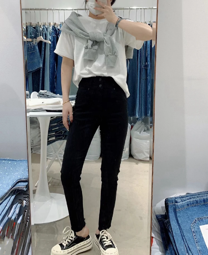 韩国东大门 钥匙家ODIF纯黑色小脚裤 中高腰显瘦百搭 《NO退NO换》