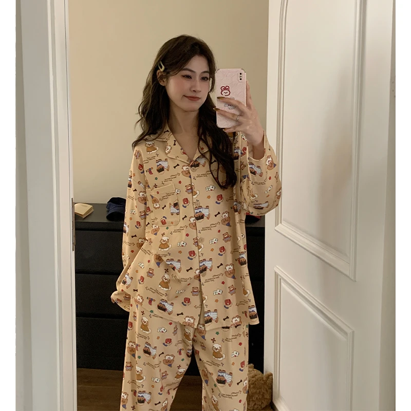 可外穿超柔软纯棉睡衣女春秋季长袖卡通趣味小狗印花家居服套装