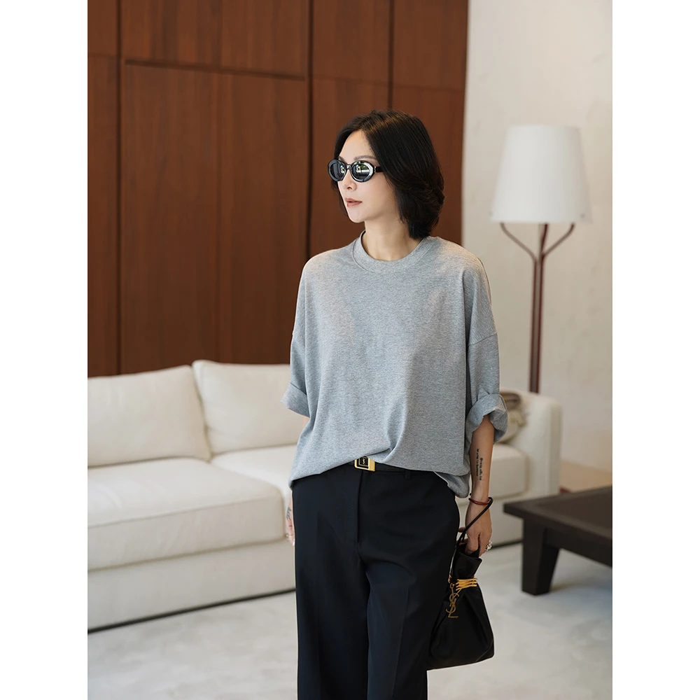 SHIIEELL夏季新款洋气休闲简约极简风重磅棉质阔版短袖T恤女Z8196