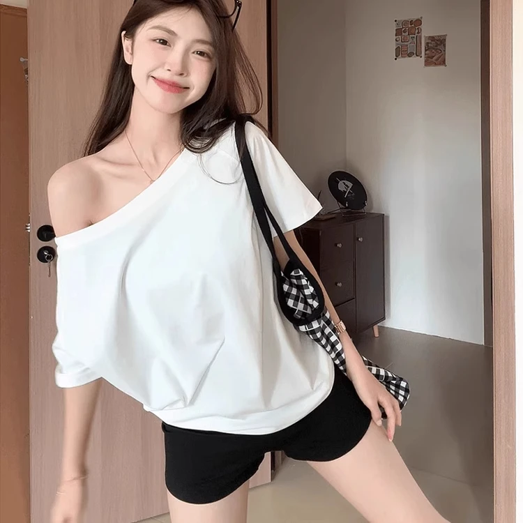 大码胖MM斜肩露肩白色短袖T恤女夏季设计感宽松显瘦遮肚百搭上衣