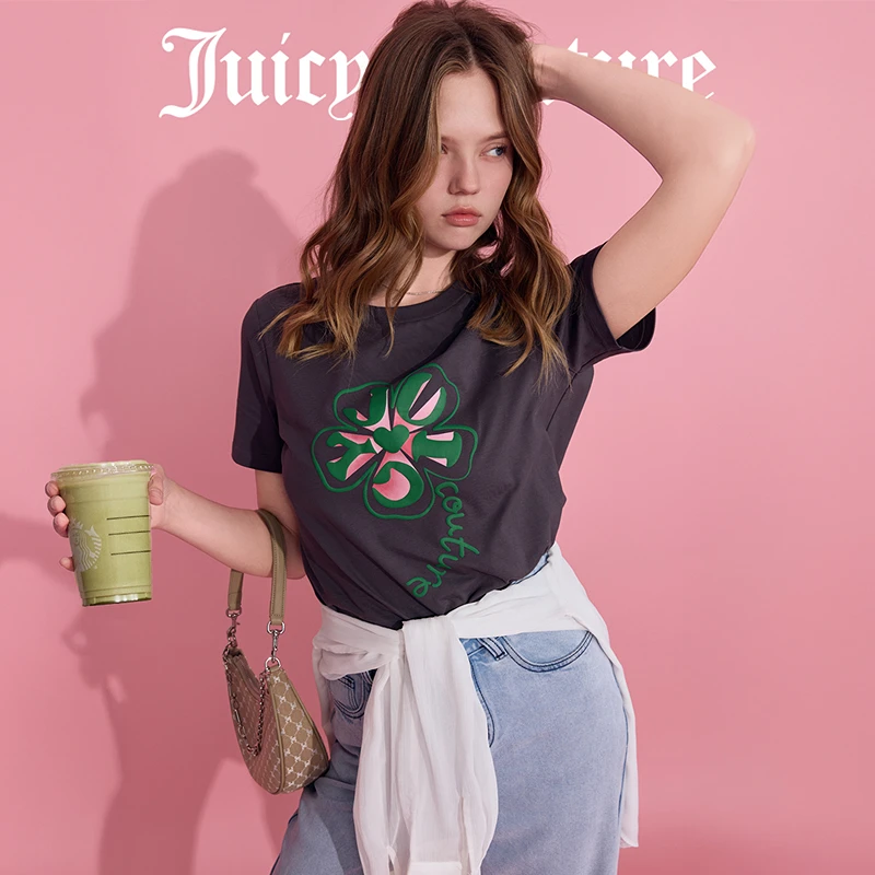 Juicy Couture橘滋25夏新款花梗立夏立体发泡花朵印花T恤女