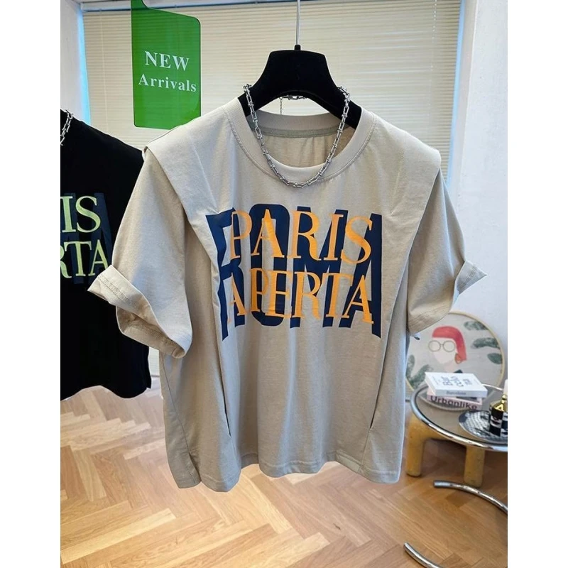 8267新款小众设计感字母印花垫肩t恤女短袖小个子折肩飞飞袖上衣