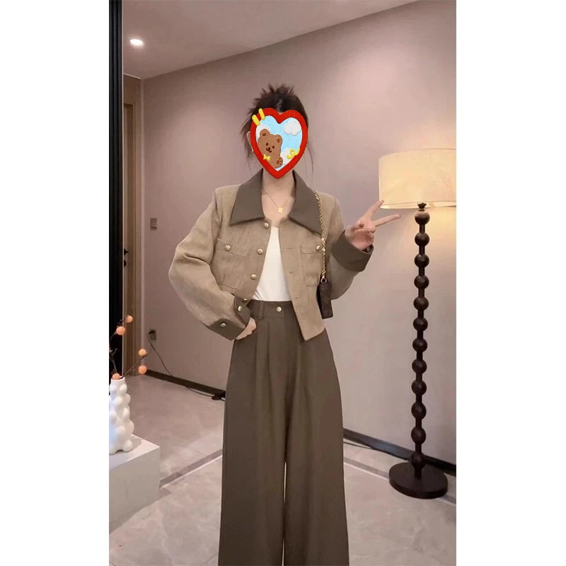 秋季新款小香风时尚套装女气质撞色polo领短款外套高腰阔腿裤套装