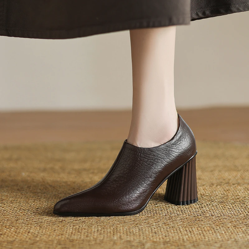 气质尖头高跟鞋小个子春秋深口软羊皮单鞋通勤百搭粗跟女士皮鞋
