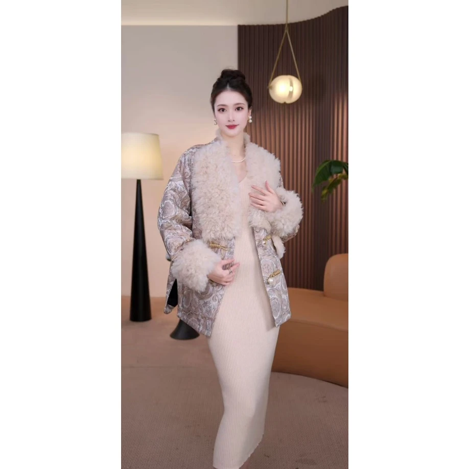【茅茅专属】619冬季新款新中式国风桑蚕丝羊毛领皮草外套
