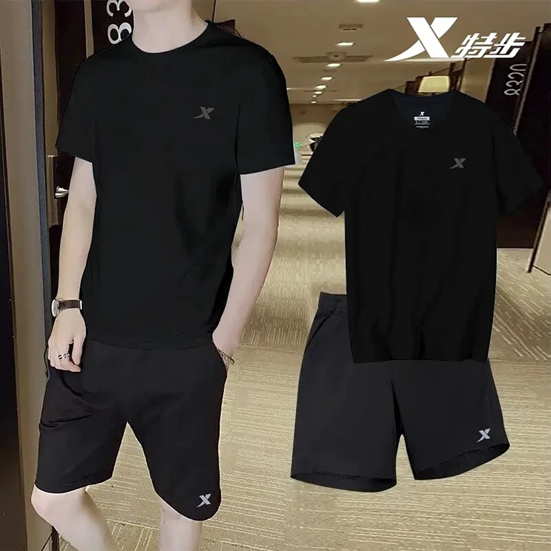 特步男士运动套装官方秋季透气休闲纯色短袖T恤正品健身舒适短裤