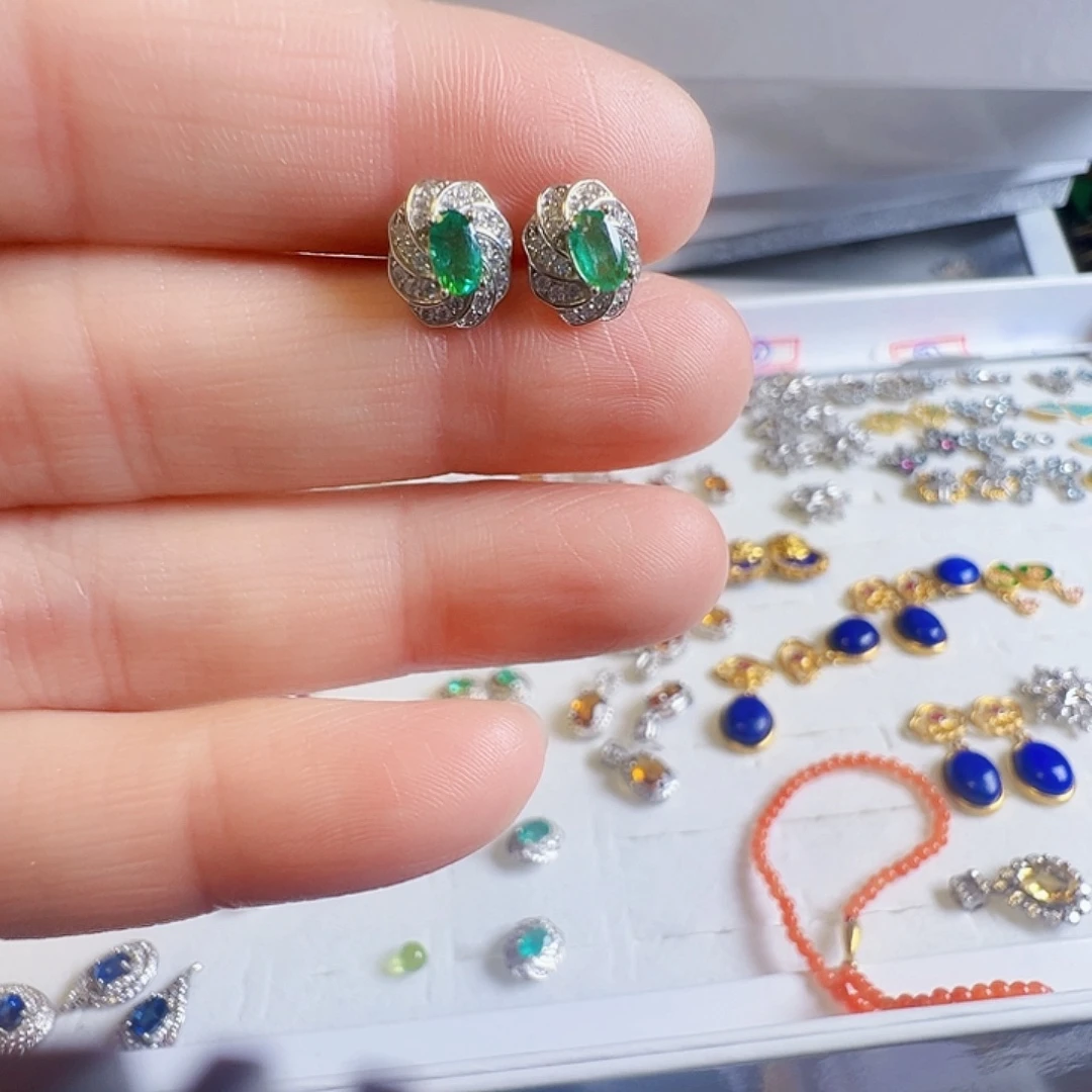 就***夏祖母绿耳饰银S925镶嵌拍两单