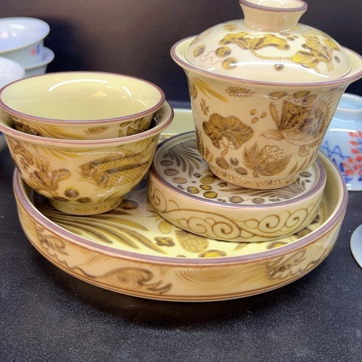 瓷片釉里金鱼藻纹五件套全品