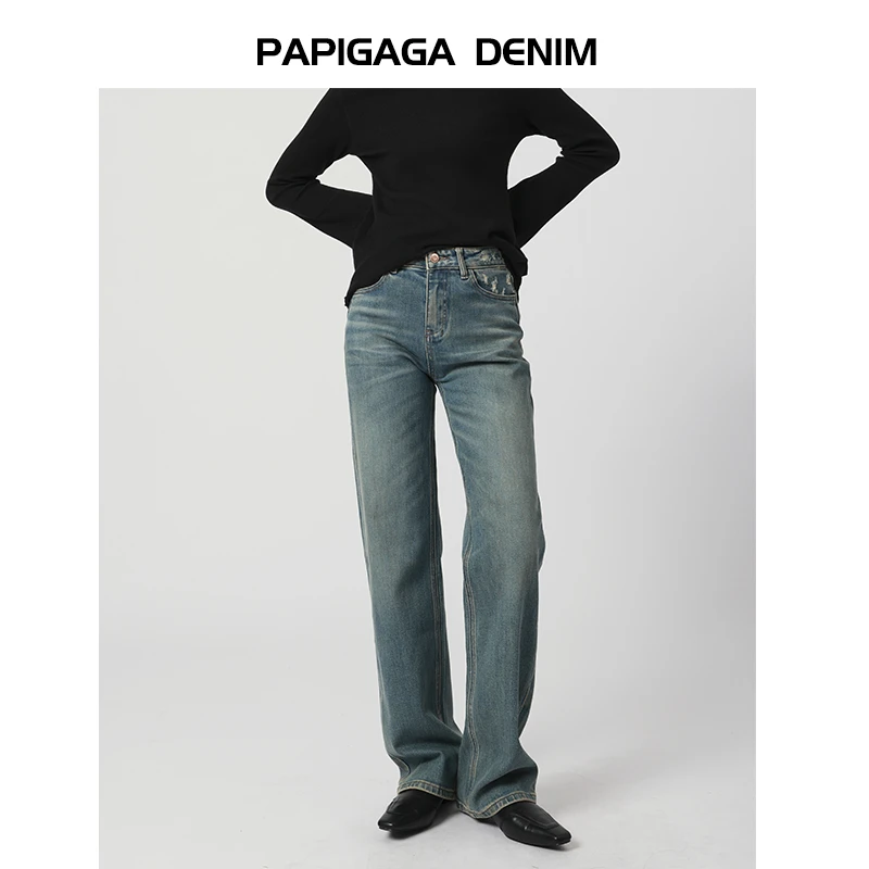 【复古蓝绿】窄版直筒牛仔裤女春高腰宽松显瘦休闲阔腿拖地裤11590