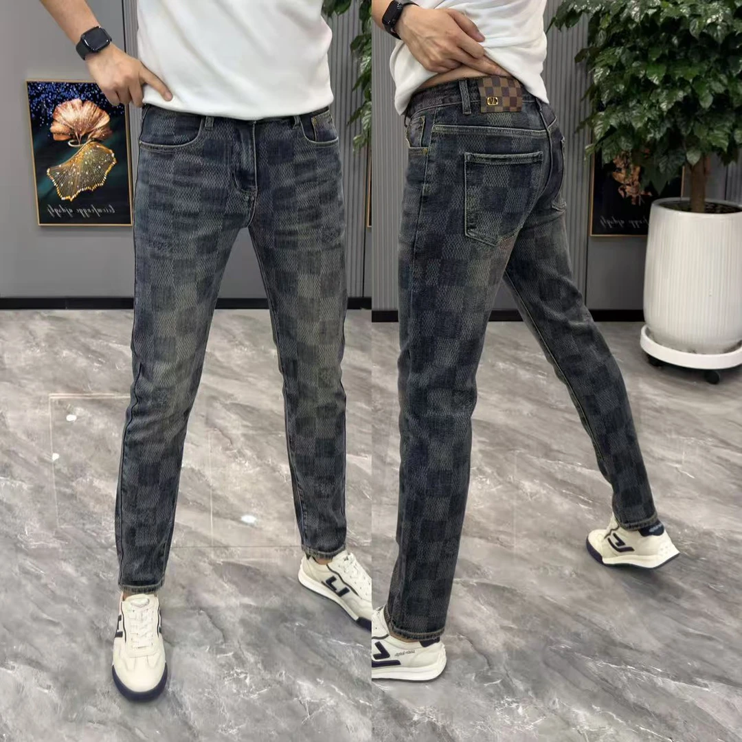 牛仔裤男时尚格子拼接秋季长裤男弹力显瘦牛仔裤男款爆款2025新款