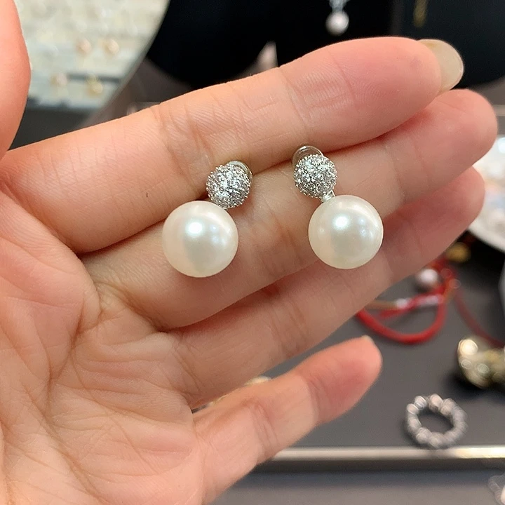 琉璃纯铜合金白银珠珠耳钉