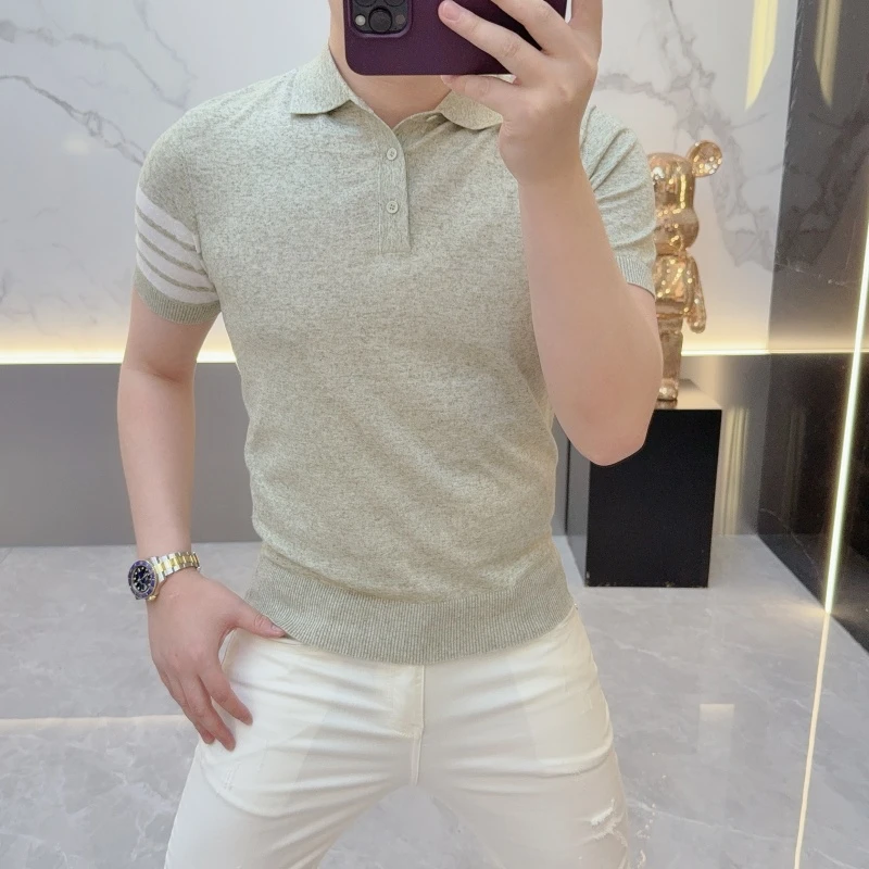 2025欧货轻奢男士针织衫早秋短袖毛衣纯色时尚百搭秋季半袖polo衫