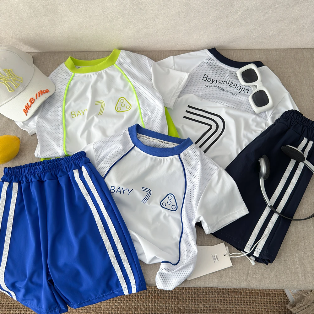 夏季新款儿童时尚运动短袖套装男女童透气网眼半袖套装球服