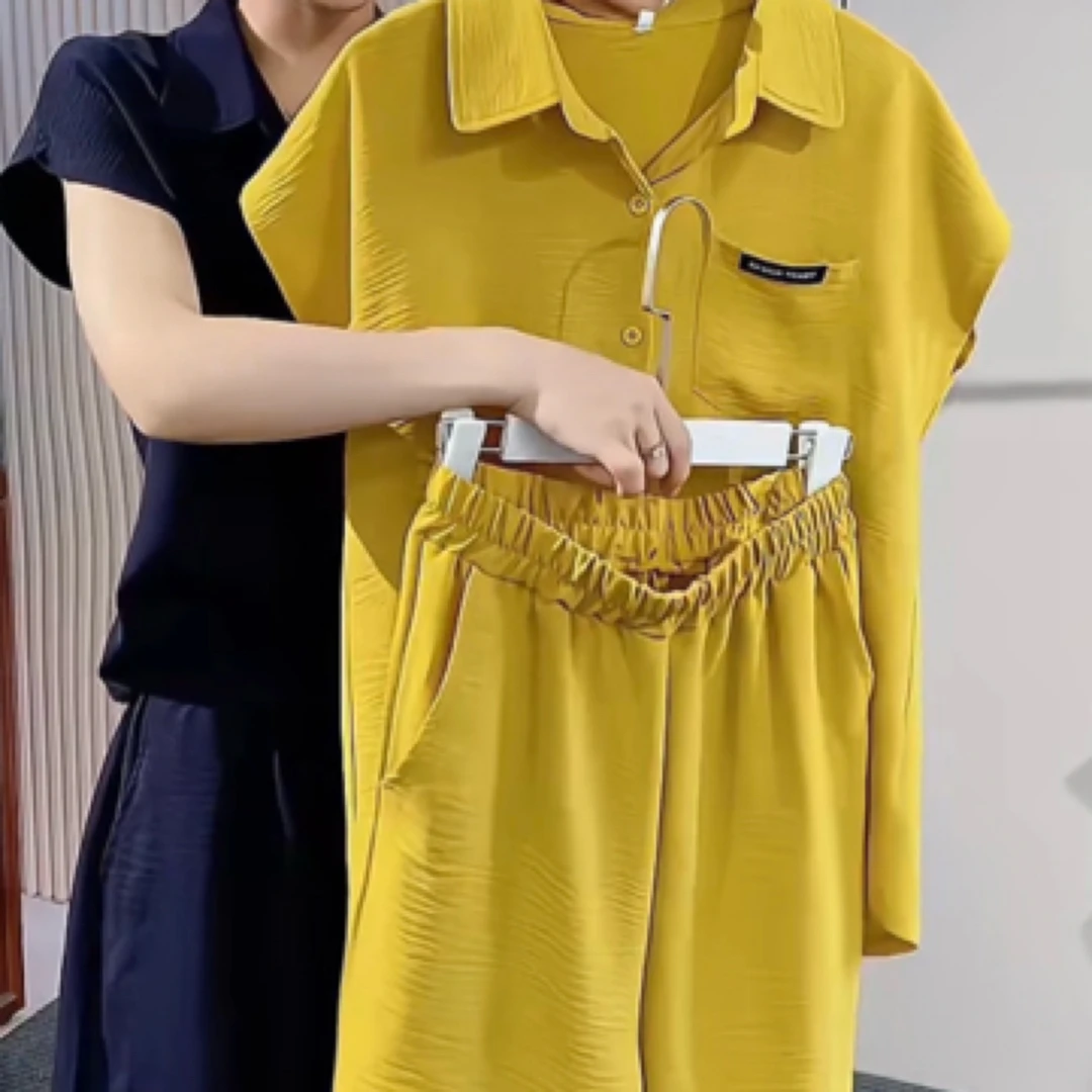 夏季时尚翻领衬衫与短裤显瘦套装