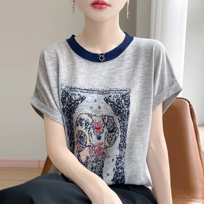 拼色大象图案短袖t恤女夏季2025新款打底衫洋气大码冰丝针织上衣