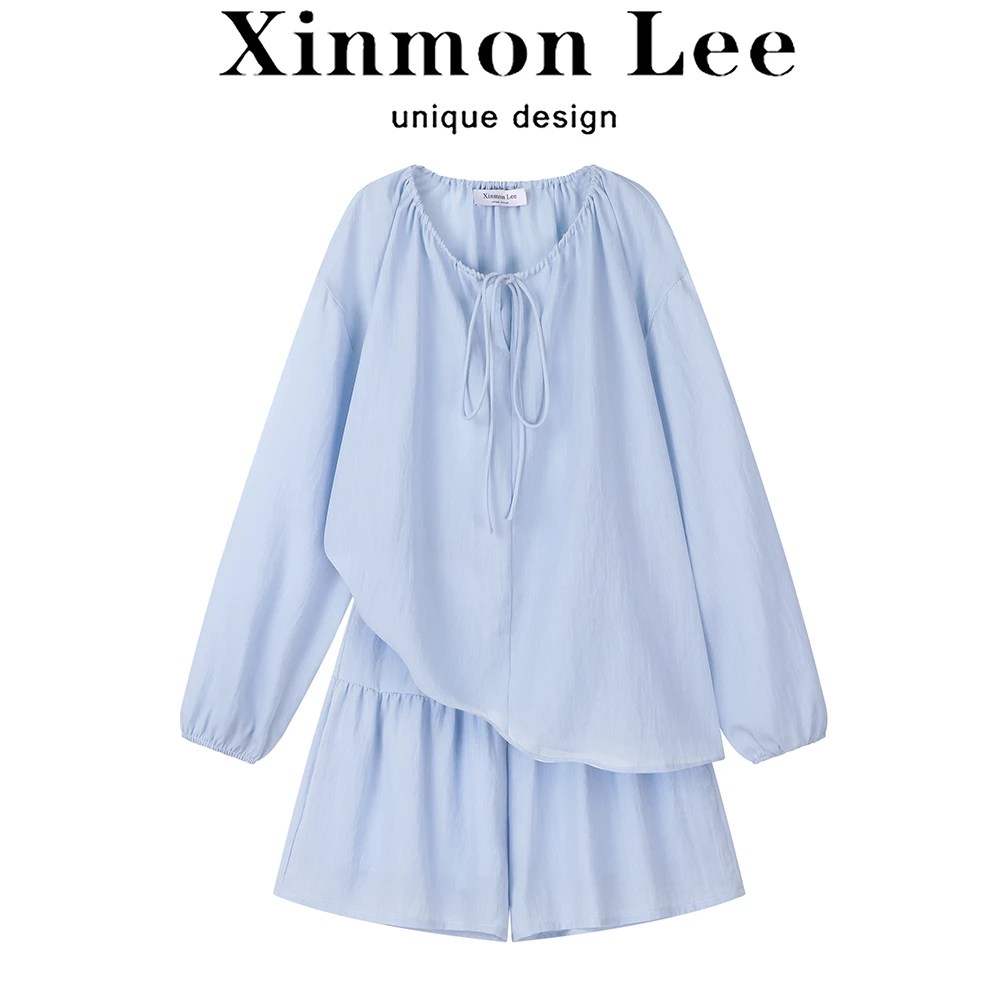 XinmonLee韩版简约圆领抽绳上衣夏长袖防晒两件套装甜美半身裙女
