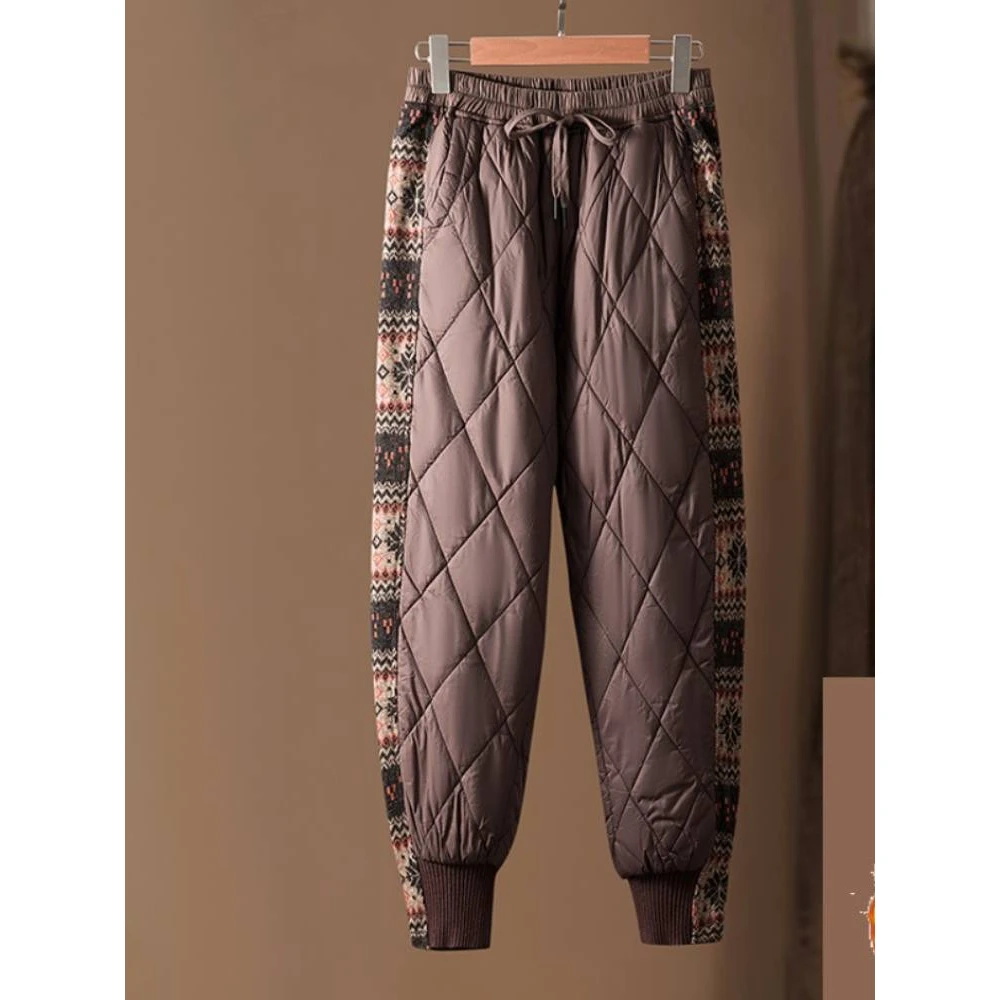 轻薄百搭拼接复古宽松保暖加棉加厚棉裤女冬外穿时尚韩版哈伦长裤