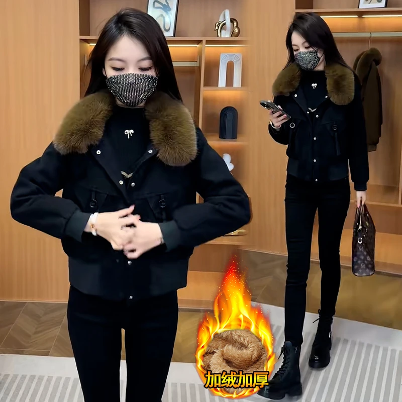 派克服外套女2025年秋冬装新款毛领加厚时尚上衣加绒保暖短款棉衣