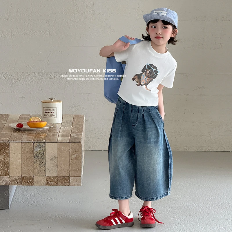 女童休闲套装夏款2025新款韩版中大童短袖T恤牛仔裤两件套洋气