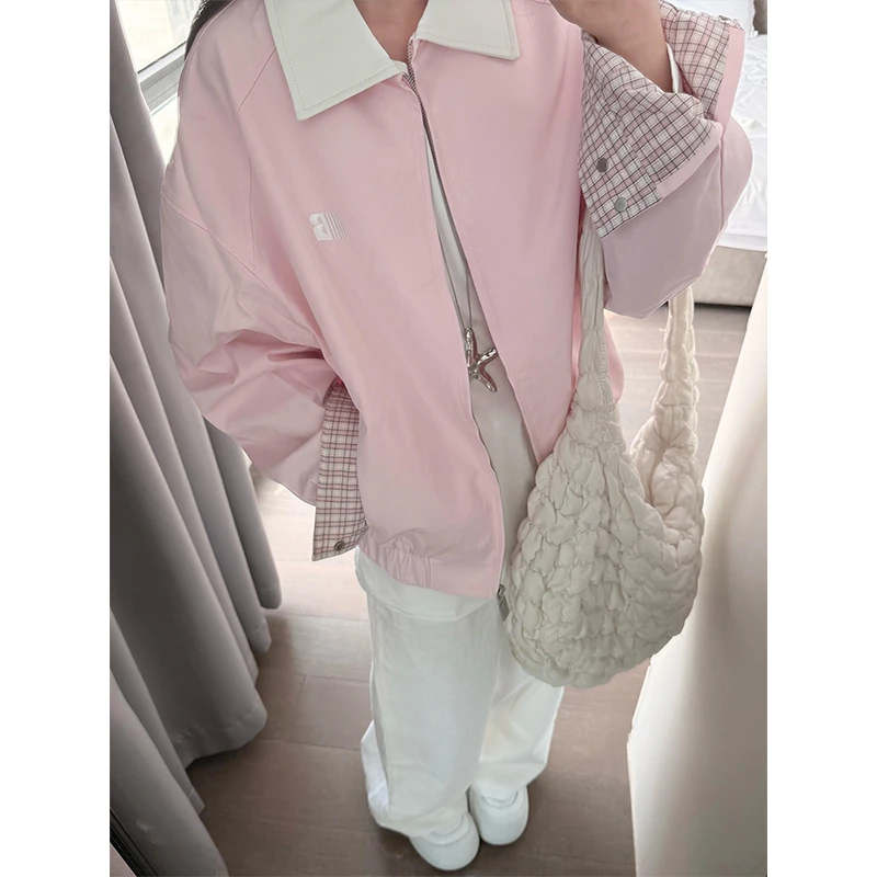 巴恩风粉色甜美夹克外套女2025秋季新款宽松休闲时尚百搭翻领上衣