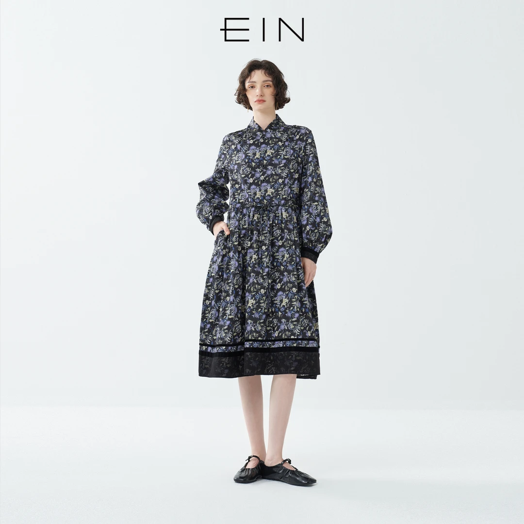 EIN/言清幽紫藓印花撞料拼接复古千金风连衣裙2025早秋新款