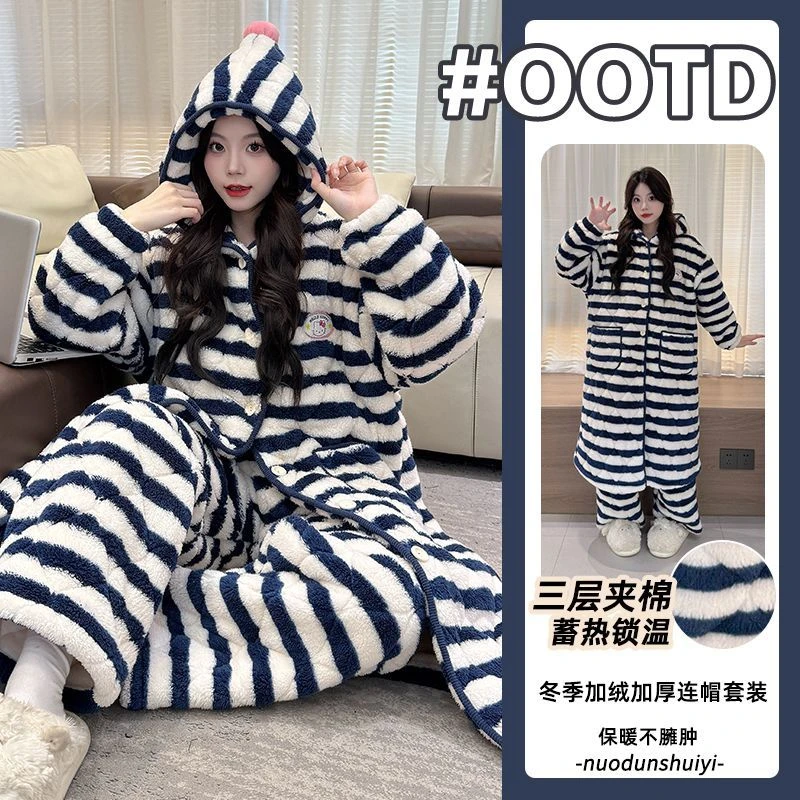 加绒加厚三层夹棉睡袍女2025秋冬季珊瑚绒条纹保暖宽松家居服外穿