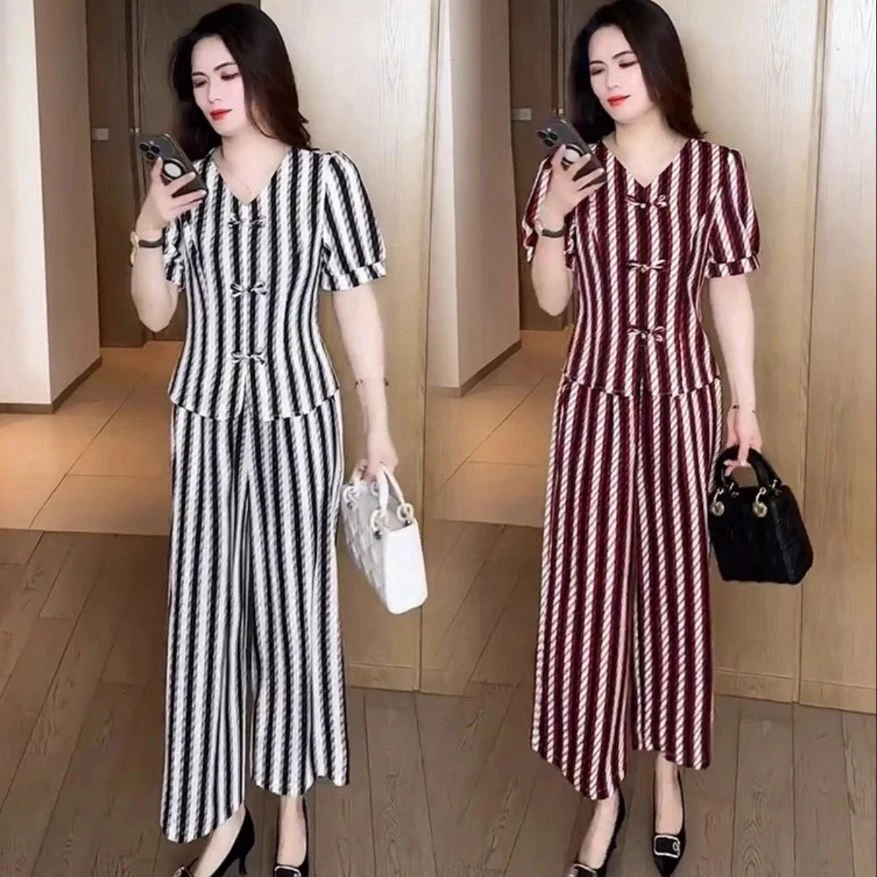 夏季新款冰雪丝条纹套装上衣加裤子两件套