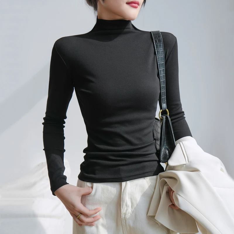 德绒白色打底衫女春秋冬2026新款半高领内搭修身长袖t恤中领上衣