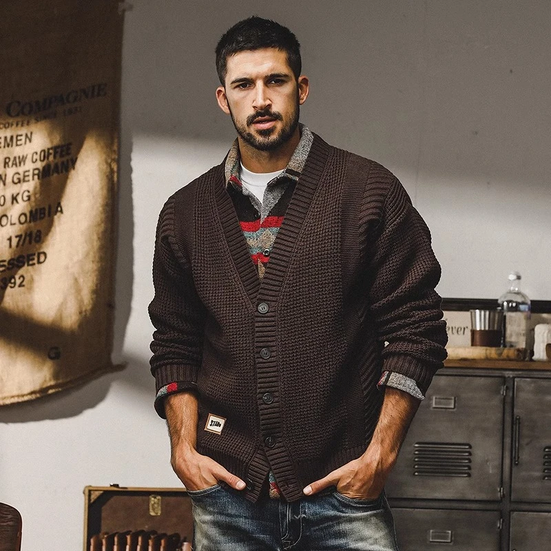 美式复古重磅V领开衫毛衣男秋季宽松潮牌毛线衣休闲针织衫外套男