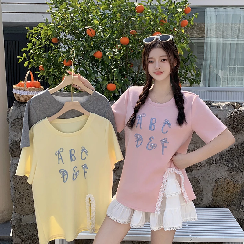 胖mm大码女时尚蕾丝绣花字母钉珠宽松短袖T恤