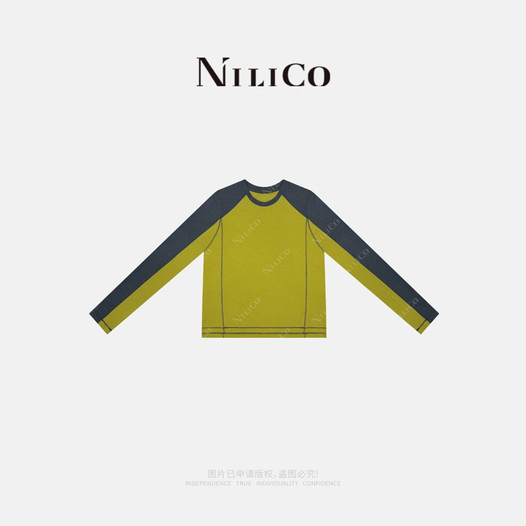 NILICO【魔方】黄灰拼色欧美运动风设计初秋长袖女T恤